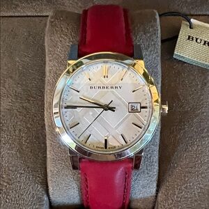 Burberry “The City” Silver Dial Watch with Red Leather Strap
